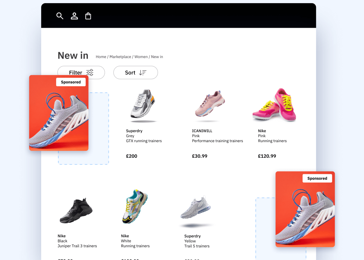 A screenshot of an e-commerce website's "New in" page for women's trainers. The page features a grid of various sneakers with their brand, name, and price listed. The layout highlights two "Sponsored" products, which are larger than the others and have a vibrant orange-red background. One sponsored shoe, a grey and blue trainer, is enlarged on the left side of the screen.