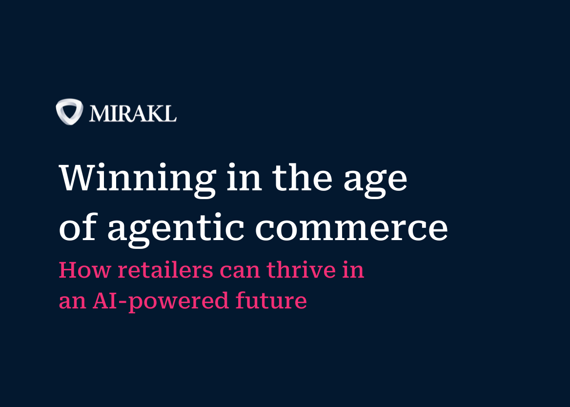A blog cover image with a dark blue background and the Mirakl logo in the top left corner. The title reads, "Winning in the age of agentic commerce." Below the title, a subtitle in bright pink text says, "How retailers can thrive in an AI-powered future."