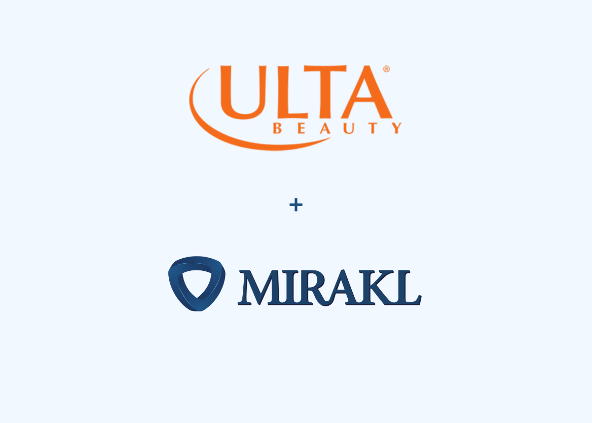 A graphic showing the partnership between Ulta Beauty and Mirakl, featuring their respective logos separated by a plus sign.