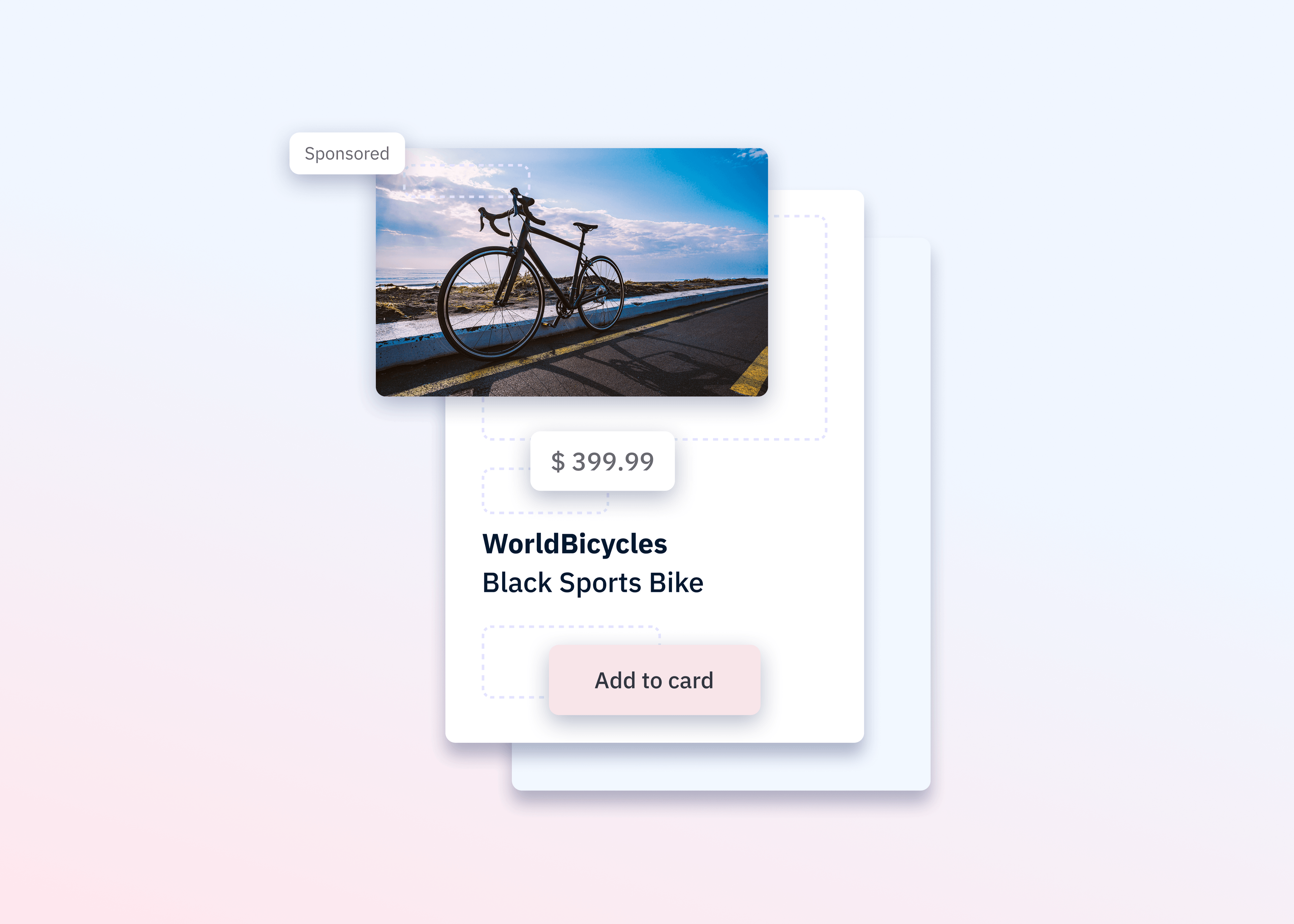 A clean, modern UI mockup of a sponsored e-commerce product card. The card features a "WorldBicycles Black Sports Bike" for $399.99. It includes a hero image of the black road bike on a paved path by the sea, the price, the brand and product name, and a light pink "Add to card" button. The card has a floating, layered design on a light purple-to-white gradient background.