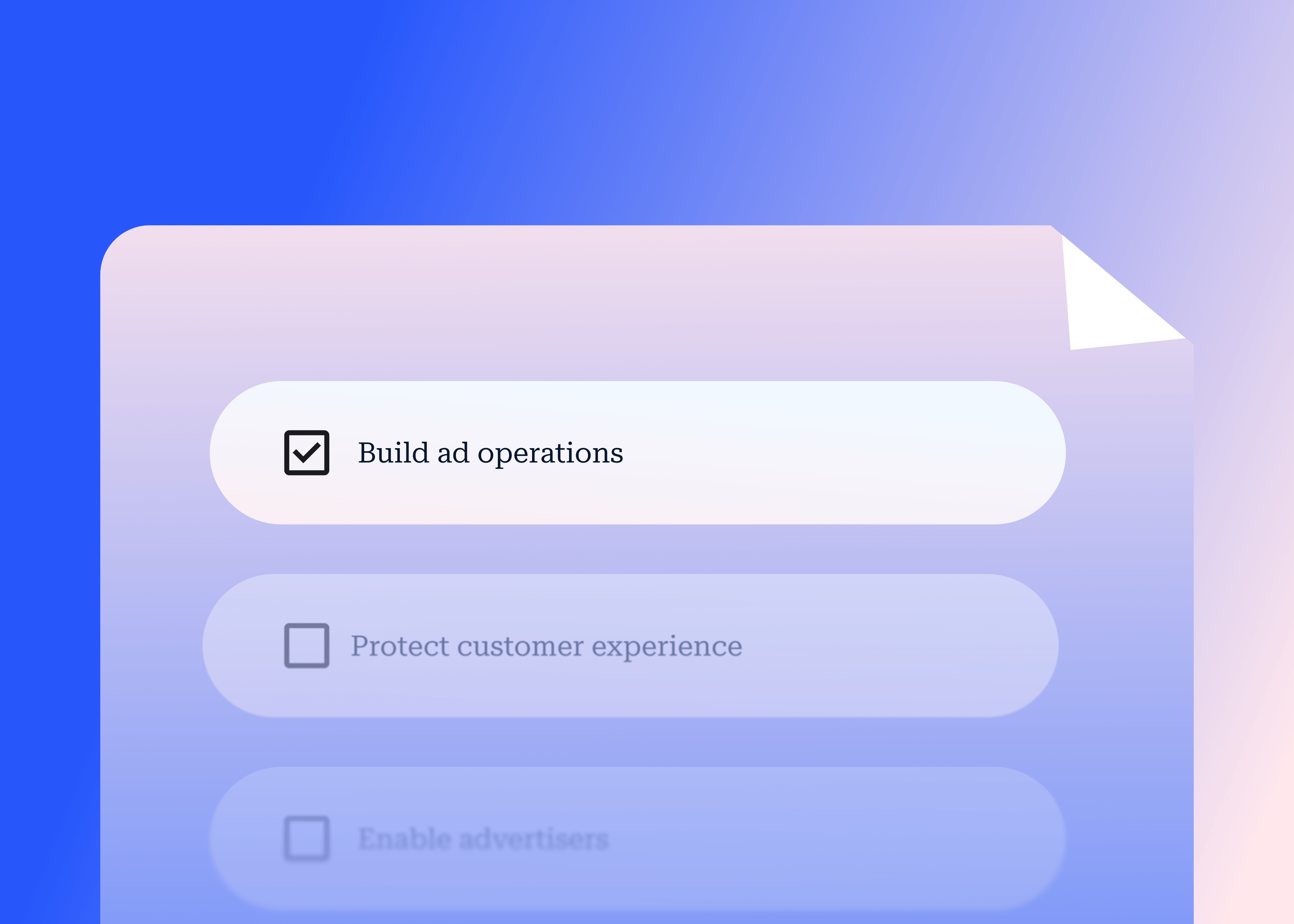 A checklist graphic on a blue and purple gradient background illustrating the three foundations of a retail media program: "Build ad operations" (checked), "Protect customer experience" (pending), and "Enable advertisers" (pending).