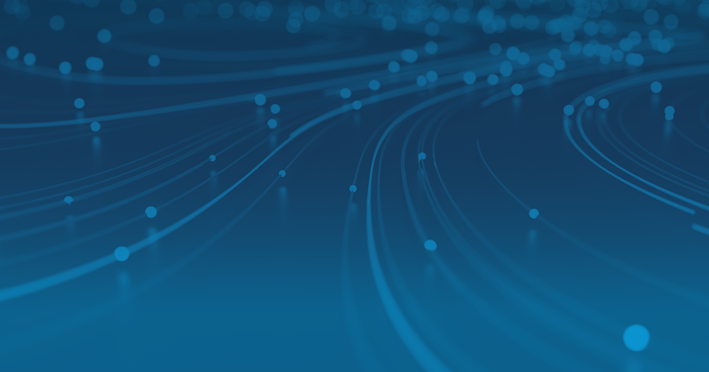 An abstract digital graphic in shades of blue, featuring flowing, curved lines and small, glowing orbs, suggesting data transfer or fiber optics.