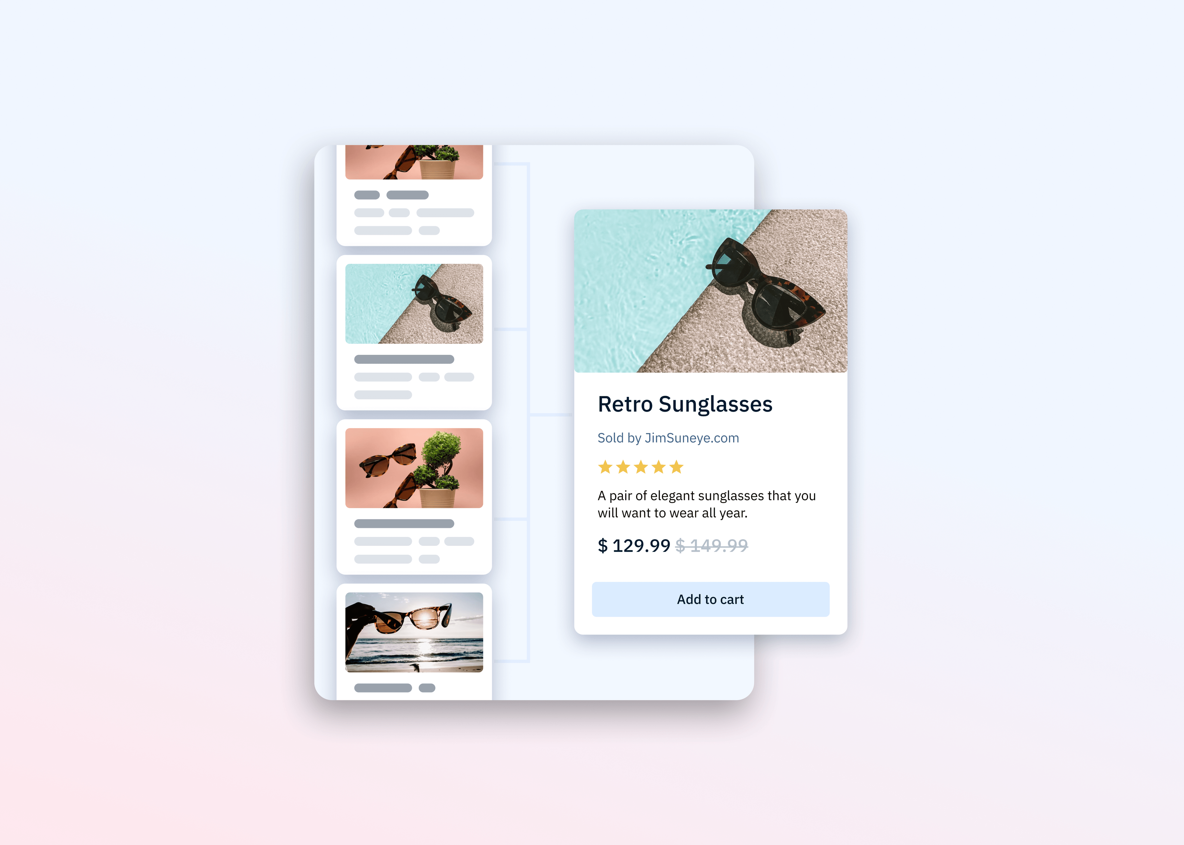 A product page from an online store displaying "Retro Sunglasses." The main product card features an image of the sunglasses, a five-star rating, a description, a sale price of $129.99 and an "Add to cart" button. To the left is a list of other sunglass options.