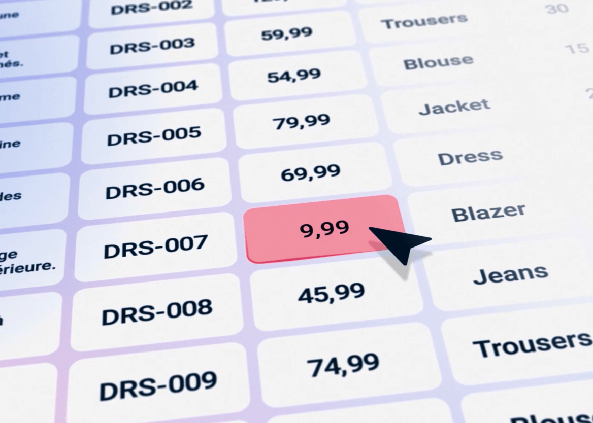 A close-up of a product catalog interface from a dropship platform like Mirakl. A list of products shows their SKU, price and category. The price for a "Blazer" (SKU DRS-007) is highlighted in bright red, showing an unusually low price of "€9,99". A cursor is pointing directly at the highlighted price, indicating that the system has detected it as a pricing anomaly.