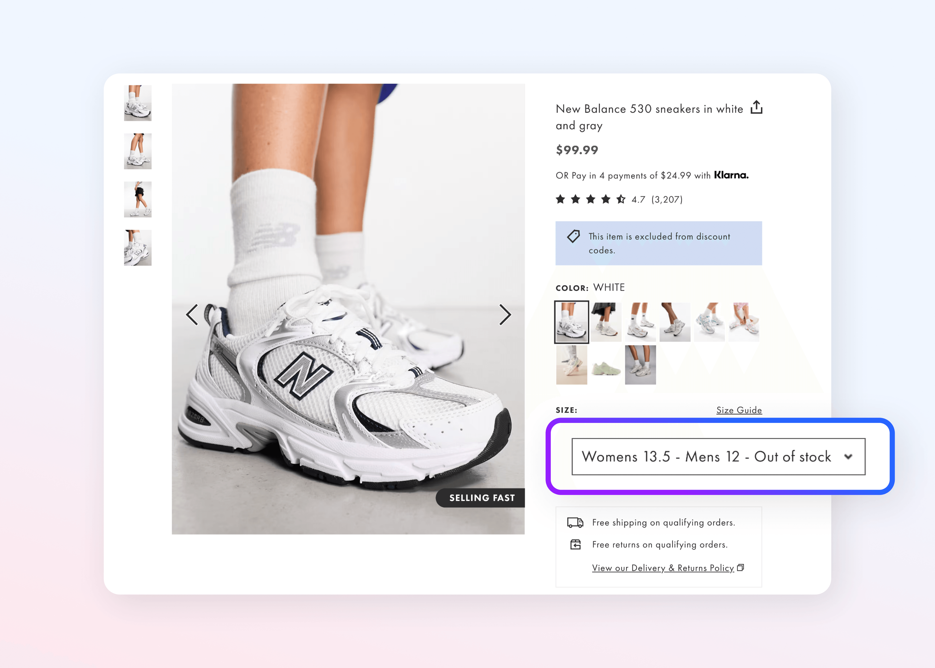 A screenshot of the ASOS product page for "New Balance 530 sneakers in white and gray." The size selection dropdown menu is highlighted, displaying "Womens 13.5 - Mens 12 - Out of stock."
