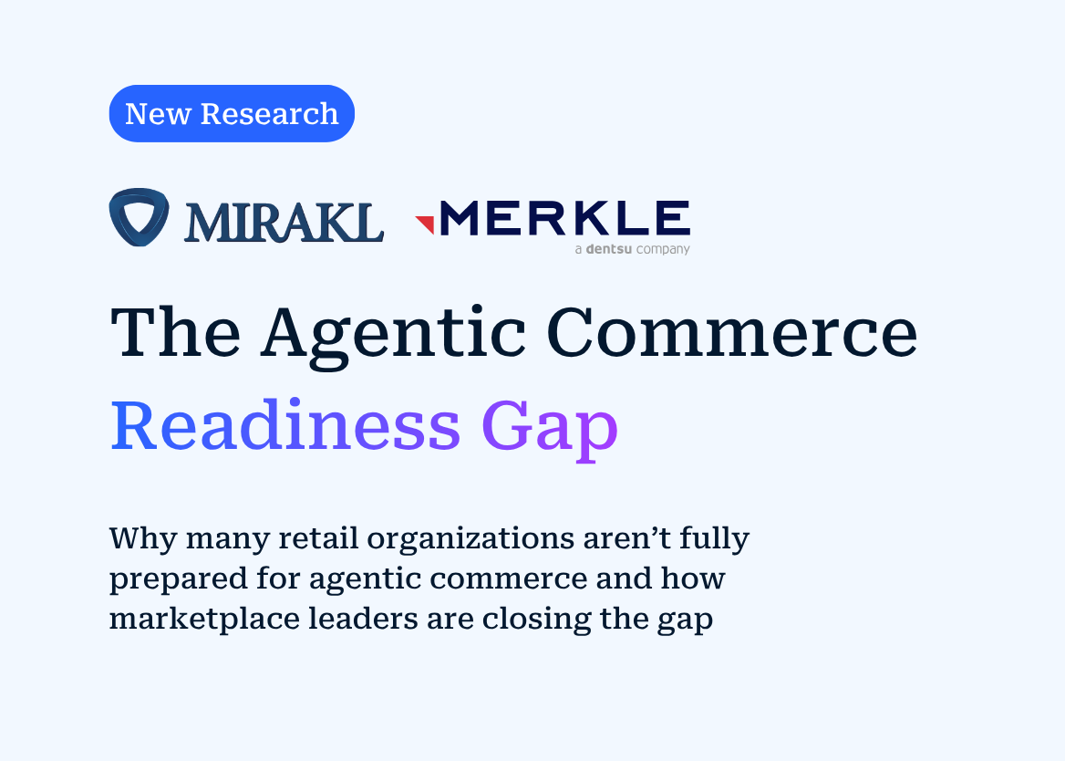 A promotional graphic featuring logos and text on a light blue background. At the top left, a rounded blue button reads "New Research." To its right are two corporate logos: "MIRAKL" (with a blue shield-like icon) and "MERKLE a dentsu company" (with a red triangle icon). The main title is written in large, dark blue serif font, reading "The Agentic Commerce," followed by "Readiness Gap" in a bright purple-blue gradient. Below the title, a smaller subtitle reads: "Why many retail organizations aren’t fully prepared for agentic commerce and how marketplace leaders are closing the gap."