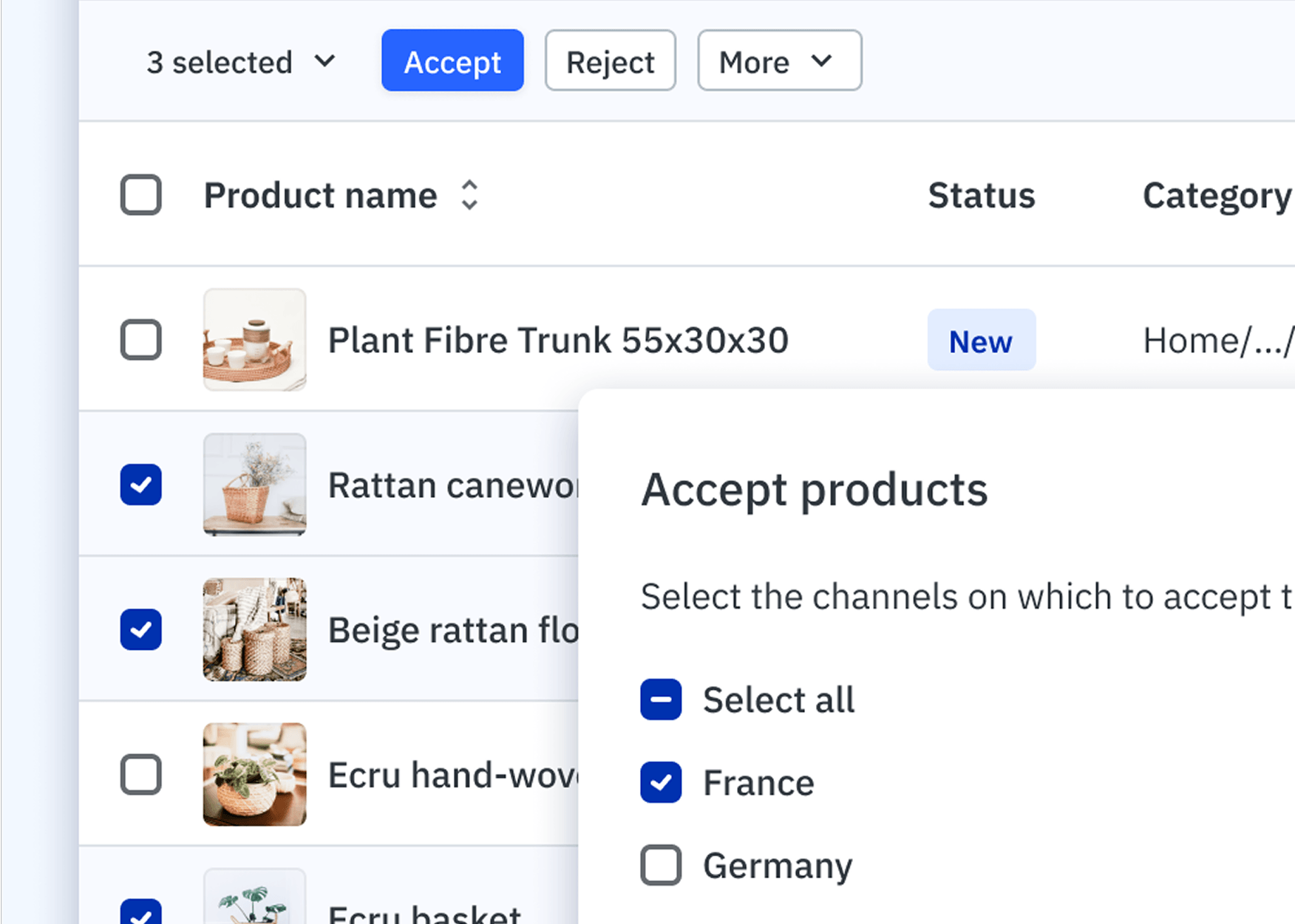 Screenshot of a marketplace platform interface showing how retailers can manage vendor onboarding by region. A list of products is in the background, and a pop-up window titled 'Accept products' allows selection of specific sales channels like 'France' (checked) and 'Germany' (unchecked), illustrating a tool for navigating regional tariff considerations.