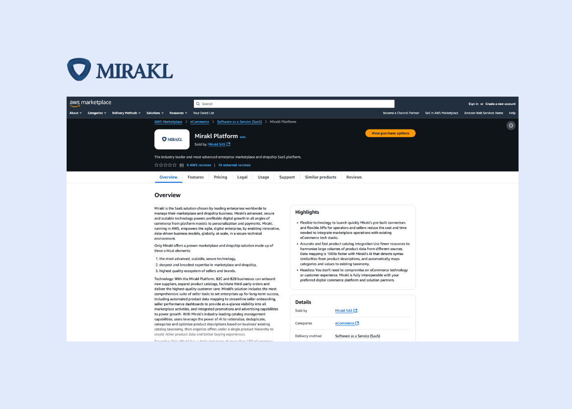 A light blue background with the Mirakl logo on top and an image of the Mirakl Platform listing in the AWS Marketplace.