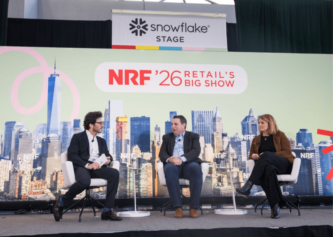 Ulta Beauty SVP Josh Friedman, Mirakl CEO Adrien Nussenbaum, and Mirakl Chief Data and AI Officer Anne-Claire Baschet speaking at NRF 2026 about agentic commerce and marketplace strategy.